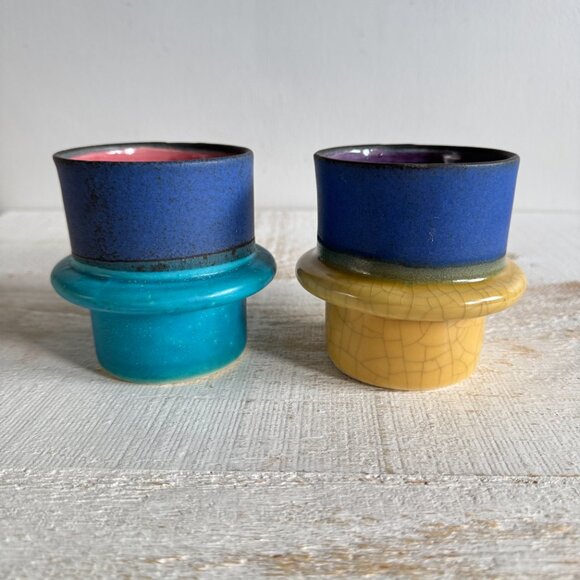 Set of Two Studio Pottery Mugs with Colourful Dip and Faux Worn Finish - Picture 6 of 11